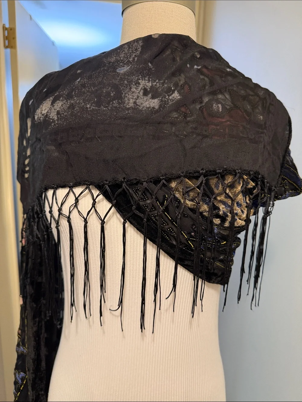 Black Velvet-Trim Embroidered Floral Shawl Scarf